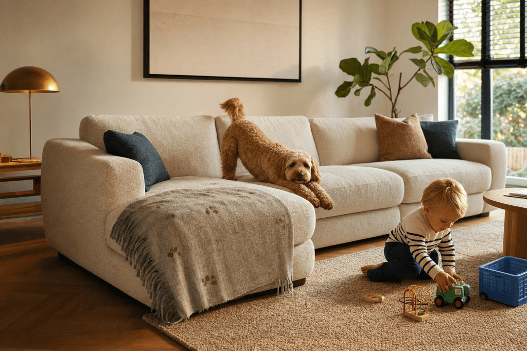 Is een bank op maat laten maken geschikt als je huisdieren of kleine kinderen hebt, en welke stoffering is dan het meest praktisch?