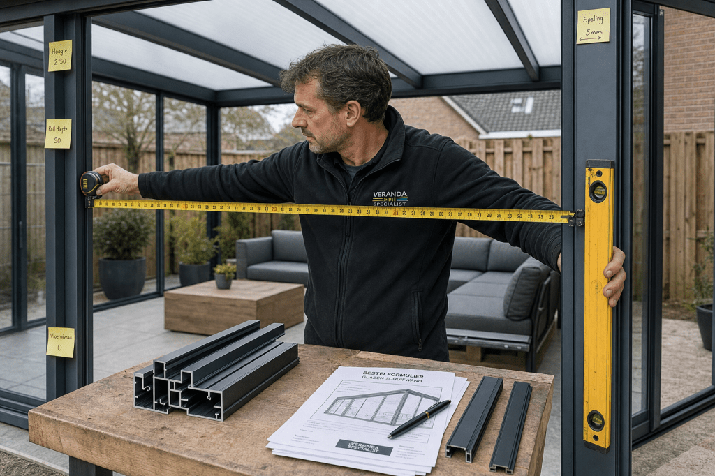Hoe meet je je veranda of overkapping correct op en waar moet je op letten bij het bestellen van een glazen schuifwand (hoogte, breedte, rails en&nbsp;speling)?